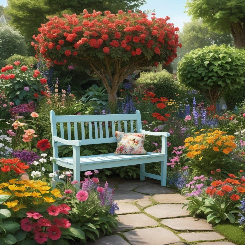A beautiful garden scene featuring a diverse array of vibrant flowers, lush greenery, and a peaceful seating area with a cozy bench. Include a gardener joyfully tending to their plants, surrounded by butterflies and bees for added life. The atmosphere should exude tranquility and happiness, capturing the essence of joyful gardening. soft colors, natural lighting. super-realistic.