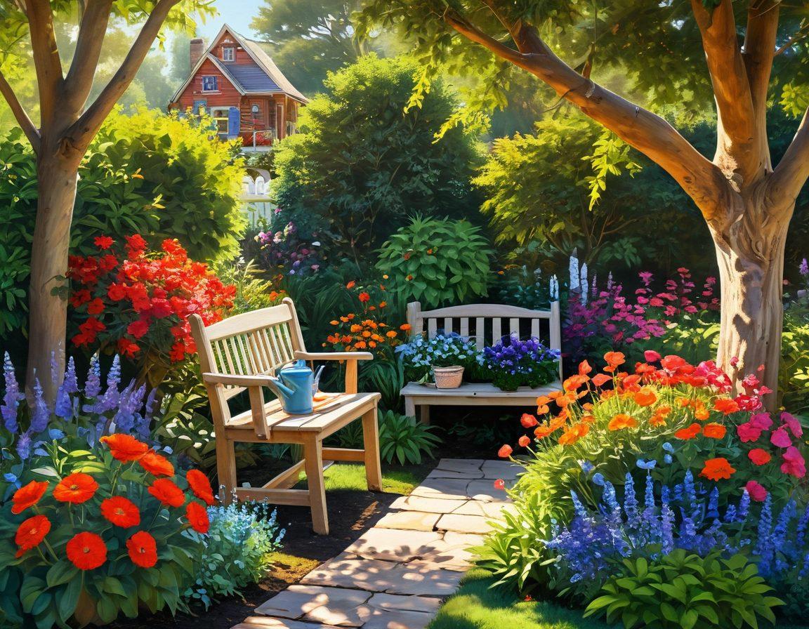 A tranquil garden scene showcasing a diverse array of vibrant flowers and lush greenery, with a peaceful gardener tending to their plants. Include a variety of gardening tools scattered around, a small wooden bench, and a birdhouse hanging from a tree, symbolizing harmony with nature. Soft sunlight filtering through the leaves, creating a warm and inviting atmosphere. painting. vibrant colors. serene background.