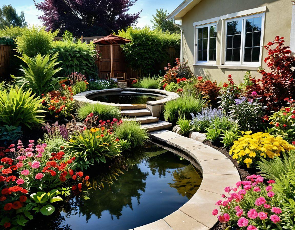 An expanded garden view filled with vibrant flowers, lush green plants, and a serene water feature reflecting the sky. A person practicing gardening techniques, surrounded by tools and seedlings, exuding a sense of tranquility and mastery. The atmosphere is infused with warm sunlight, enticing colors, and gentle breezes. Ideal for conveying a sense of joy in the gardening journey. super-realistic. vibrant colors. 3D.